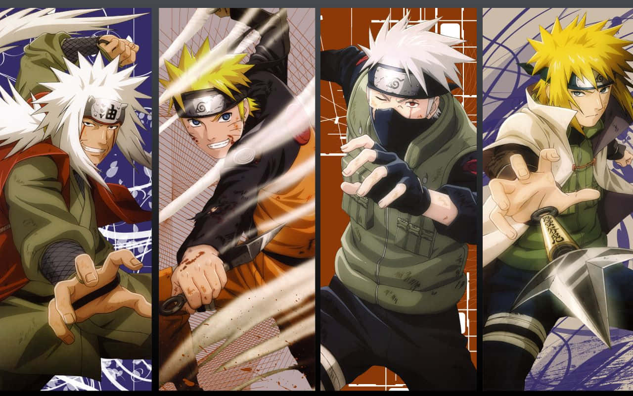 Naruto's Friend 桌布 壁紙 — 四個動漫忍者角色以動態戰鬥姿勢呈現，帶有能量效果和強烈表情。