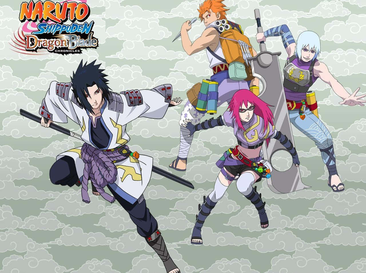 Team Taka Naruto 桌布 壁紙 — 四個動漫戰士以動態戰鬥姿勢，背景為多雲天空，來自《火影忍者疾風傳：龍刃傳》。