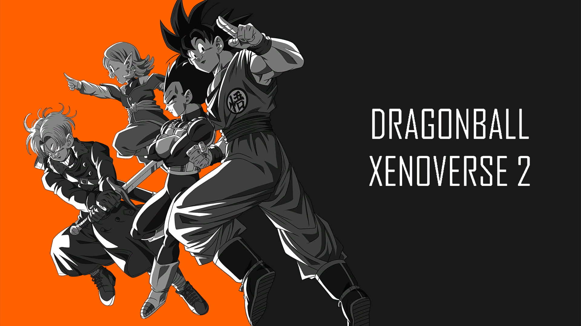 Dragon Ball Xenoverse 桌布 壁紙 — 四個動漫戰士以動態戰鬥姿勢呈現在大膽的橙色和黑色背景上，並帶有遊戲標題文字。