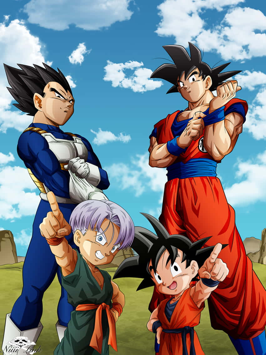 Vegeta And Trunks 桌布 壁紙 — 四個動漫戰士在晴朗藍天與蓬鬆白雲下擺出戰鬥姿勢。