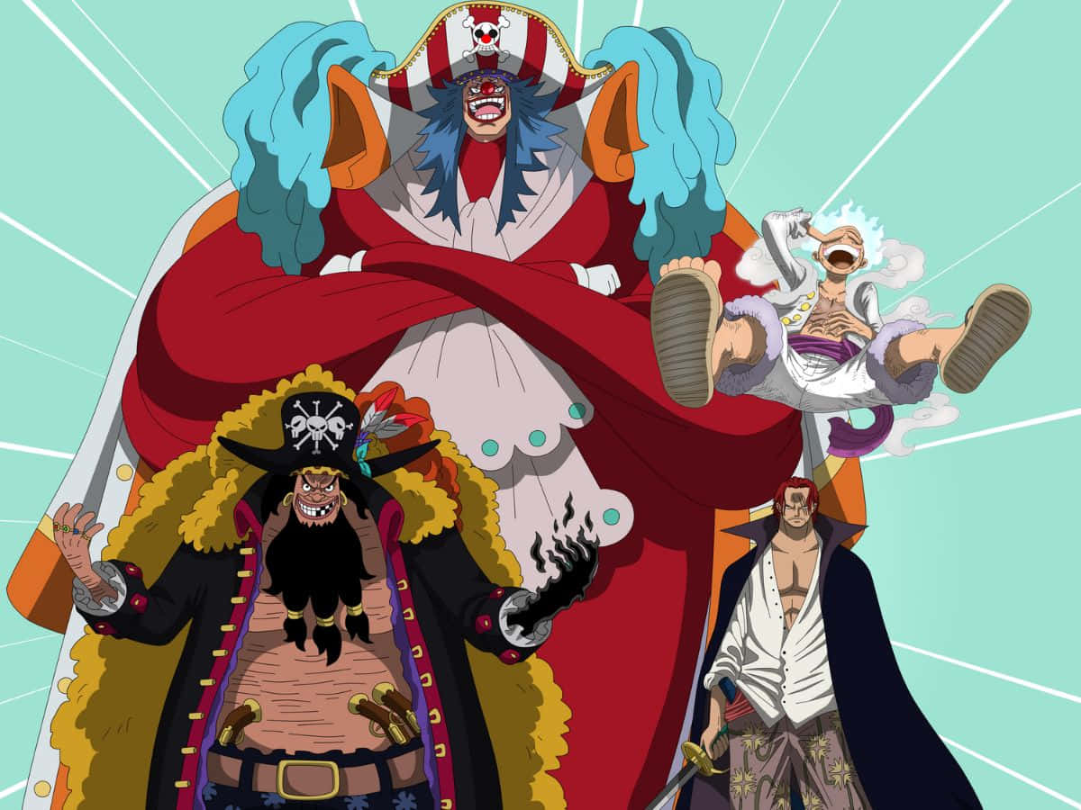 Four Emperors 桌布 壁紙 — 四個動漫海盜角色，特徵誇張，服裝大膽，動態地站在帶有白色放射線的藍綠色背景前。