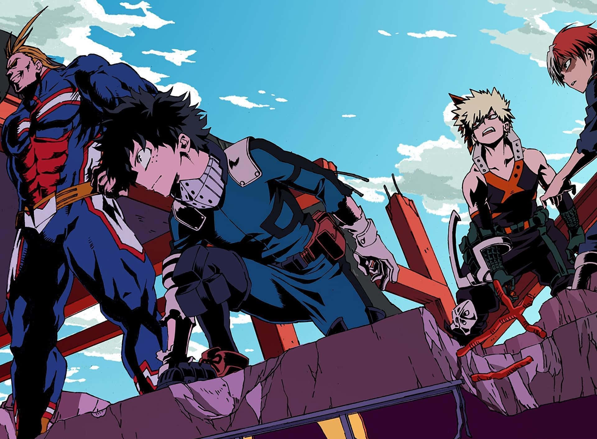 My Hero Academia Aesthetic 桌布 壁紙 — 四個動漫英雄在破碎的建築物上擺出動態姿勢，背景是明亮的藍天和散落的雲朵。