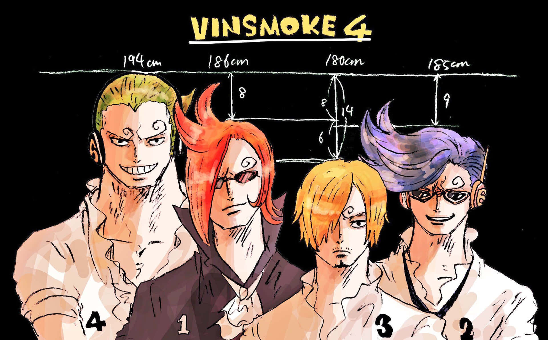 Vinsmoke Family 桌布 壁紙 — 四個動漫角色，各有不同的髮色和表情，站在黑色背景前，上方有身高測量標示。