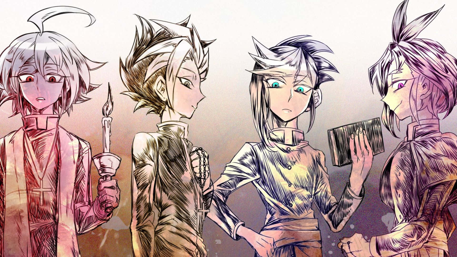 Yu-gi-oh Yugo 桌布 壁紙 — 四個動漫角色，頭髮尖刺，身穿宗教服飾，站在暖色調的草圖風格插圖中，手持蠟燭和一本書。