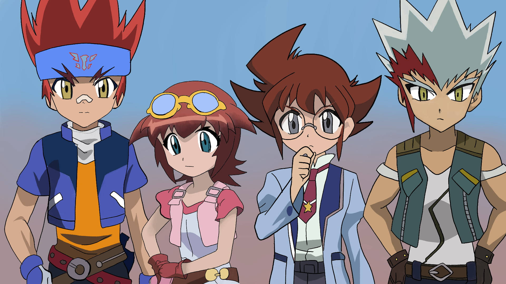 Beyblade 桌布 壁紙 — 四個動漫角色，頭髮豎起，表情堅定，並排站在柔和的藍色漸變背景前。