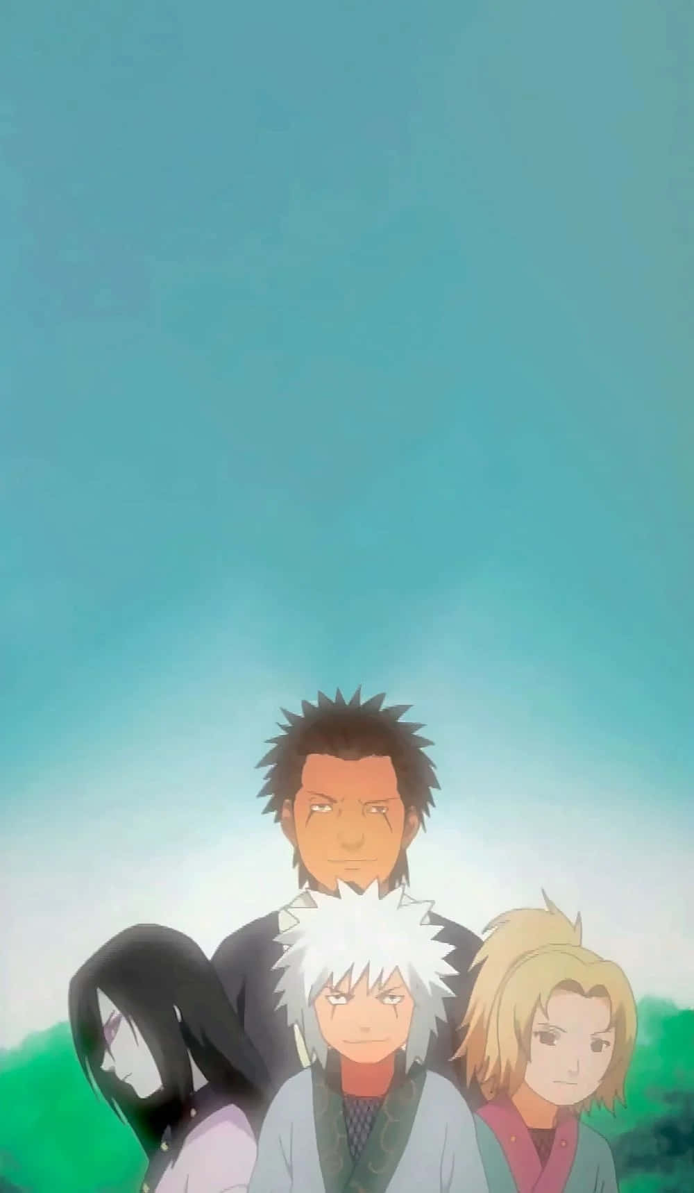 Hiruzen Sarutobi 桌布 壁紙 — 四個動漫角色一起站在寧靜的藍綠色天空下，下方是柔和的綠色山丘。