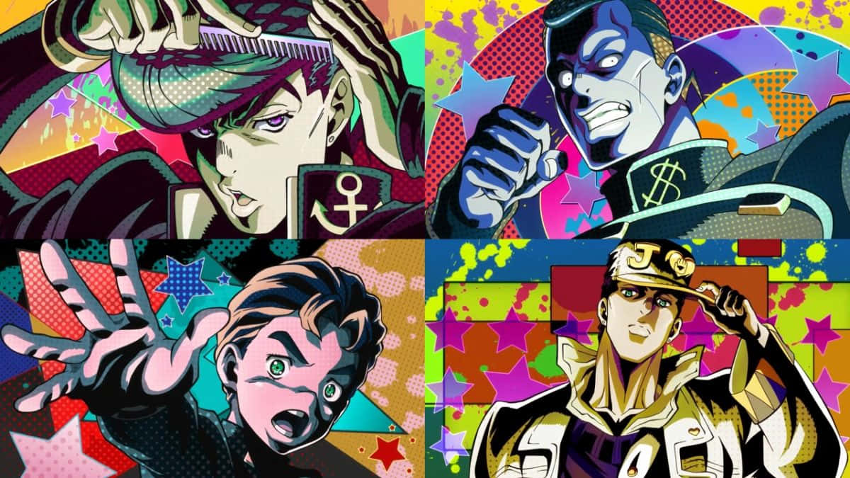 Diamond Is Unbreakable 桌布 壁紙 — 四個動漫角色以充滿活力的漫畫風格呈現，色彩大膽且帶有星星圖案。