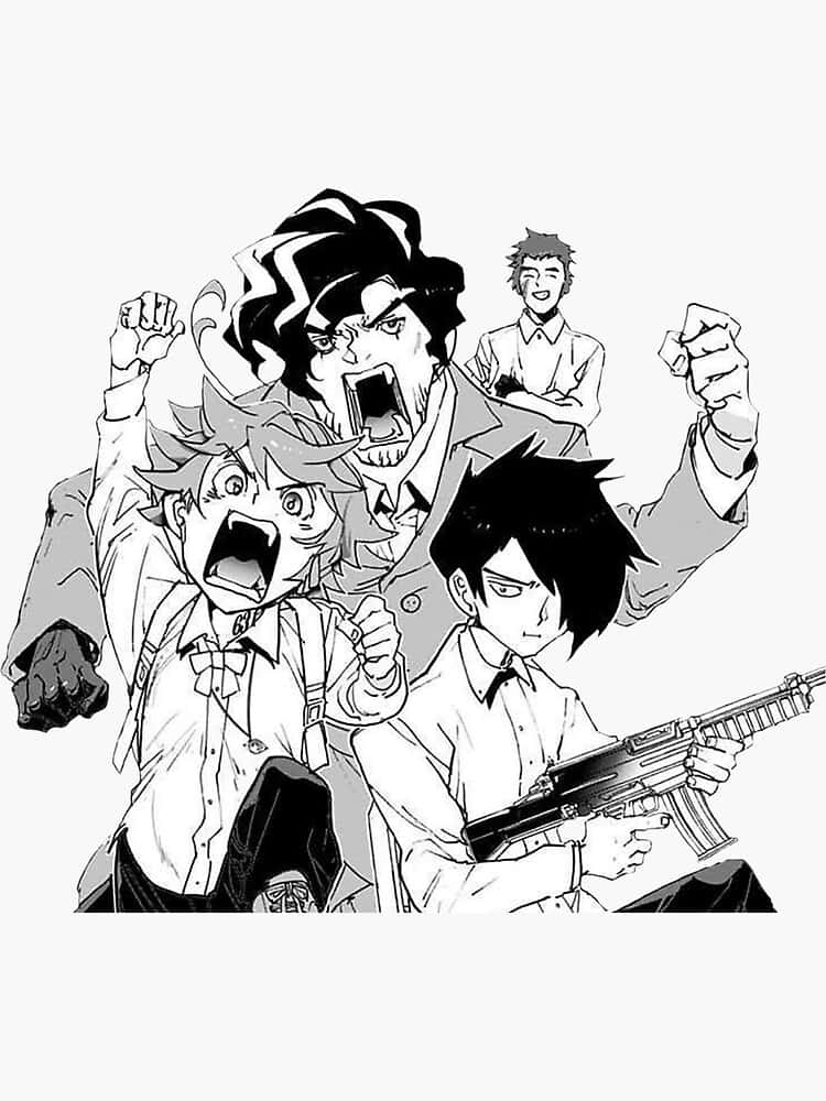 The Promised Neverland Lucas 桌布 壁紙 — 四個動漫角色以動態姿勢呈現，其中一個手持步槍，其他人在純色背景下大喊。
