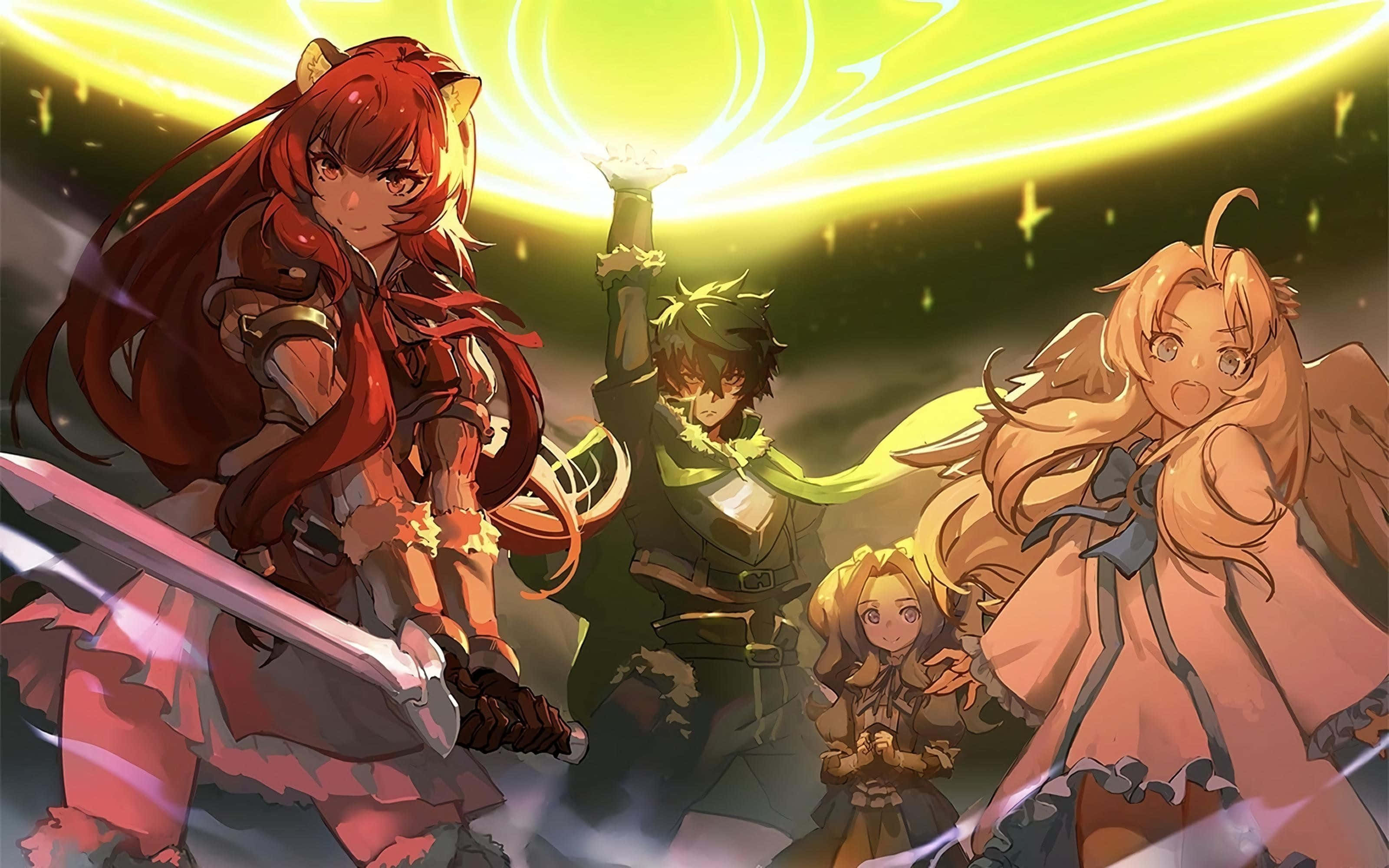 The Rising Of The Shield Hero 桌布 壁紙 — 四個動漫角色以動態姿勢展現，帶有發光能量效果和鮮豔燈光。