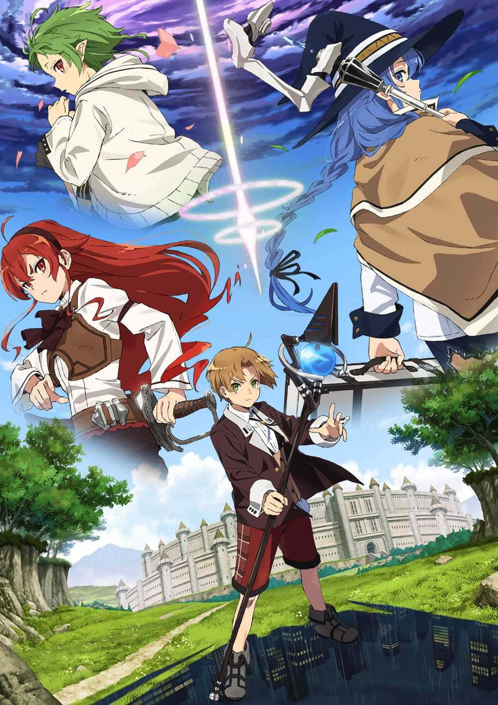 Mushoku Tensei 桌布 壁紙 — 四個動漫角色以動態姿勢揮舞魔法和武器，背景是城堡和充滿活力的天空。