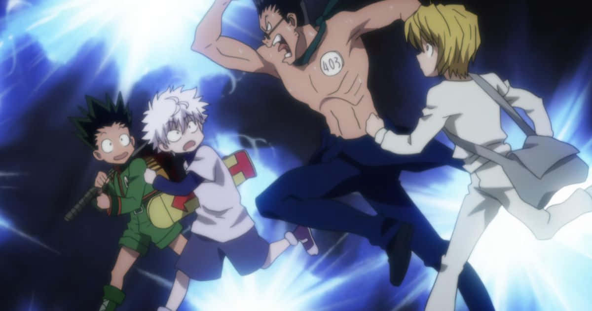 Shonen Anime 桌布 壁紙 — 四個動漫角色以動態戰鬥姿勢，背景為發光的藍色能量。