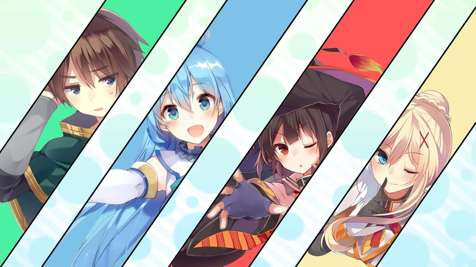 Konosuba God's Blessing On This Wonderful World 桌布 壁紙 — 四個動漫角色以對角線面板排列，背景鮮豔，表情豐富。