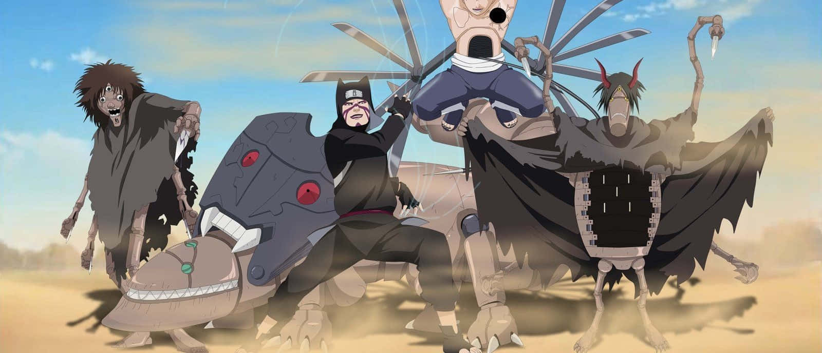 Kankuro 桌布 壁紙 — 四個動漫角色以怪物形態手持武器，站在塵土飛揚的沙漠中，頭頂是明亮的藍天。
