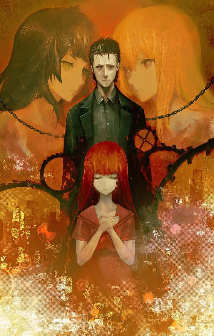 Rintaro Okabe 桌布 壁紙 — 四個動漫角色以溫暖的橙色調呈現，帶有鎖鏈和齒輪，背景是發光的抽象圖案。
