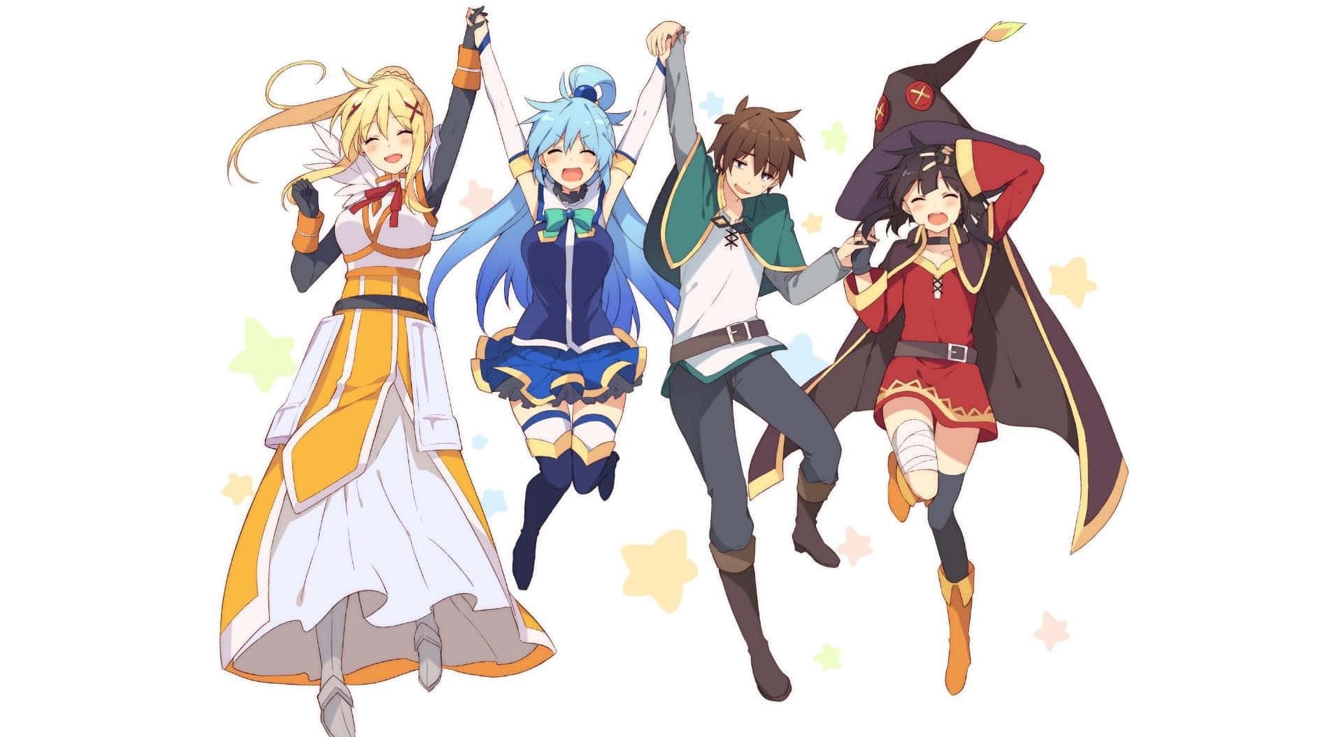 Konosuba God's Blessing On This Wonderful World 桌布 壁紙 — 四個動漫角色喺一個純白色背景上，舉起雙臂，開心咁跳躍，背景點綴住漂浮嘅星星。