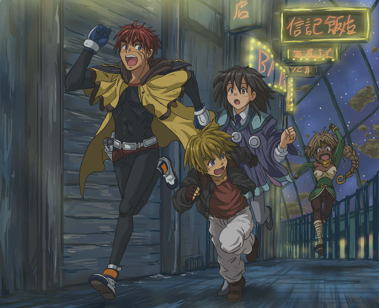 Outlaw Star 桌布 壁紙 — 四個動漫角色喺夜晚開心咁跑過一條有霓虹燈嘅小巷，表情興奮。