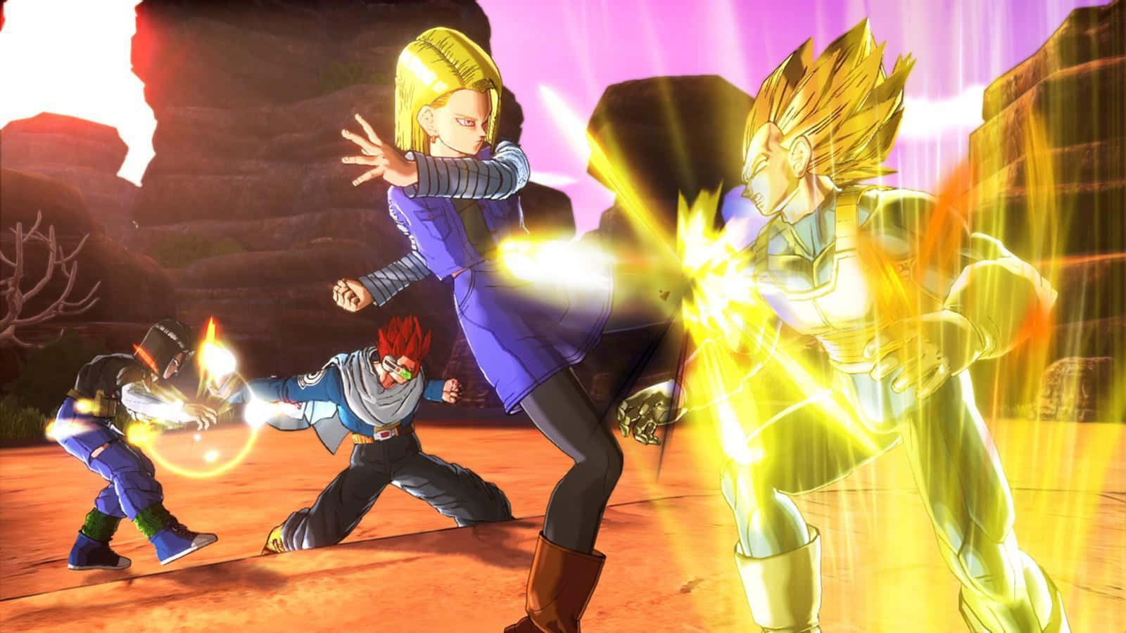 Dragon Ball Xenoverse 桌布 壁紙 — 四個動漫角色在岩石沙漠中戰鬥，伴隨著發光的能量爆炸和充滿活力的紫橙色天空。