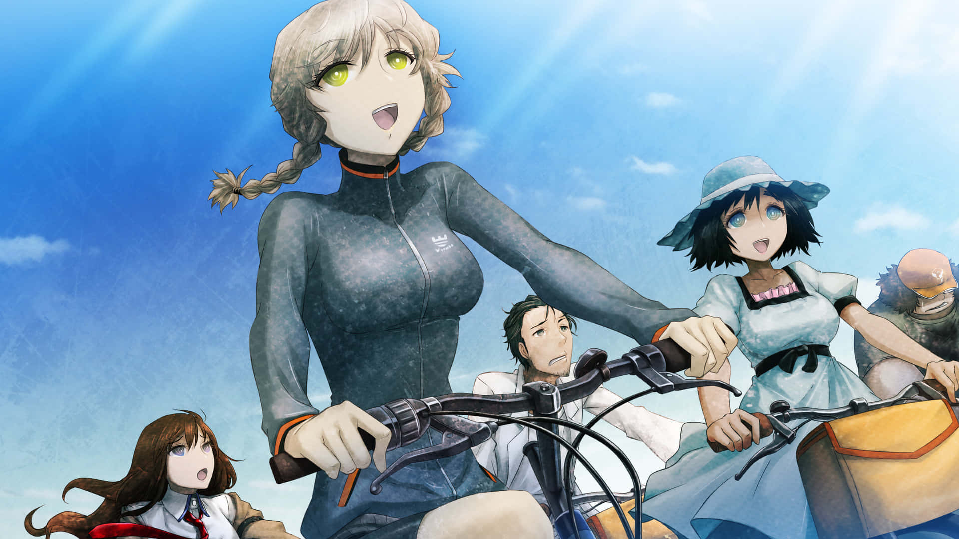 Suzuha Amane 桌布 壁紙 — 四個動漫角色在明亮的藍天下騎單車，陽光穿過雲層照射下來。