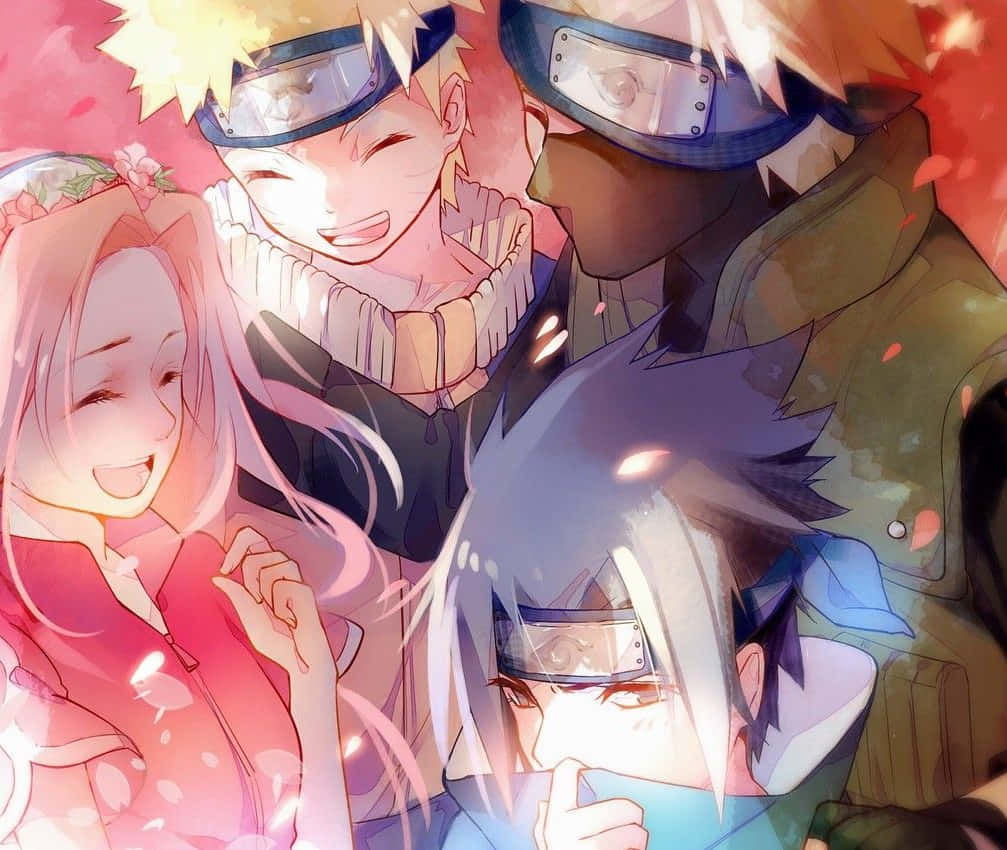 Naruto's Friend 桌布 壁紙 — 四個動漫角色在溫暖的粉紅和橙色光線下，在飄落的櫻花中歡快地大笑。