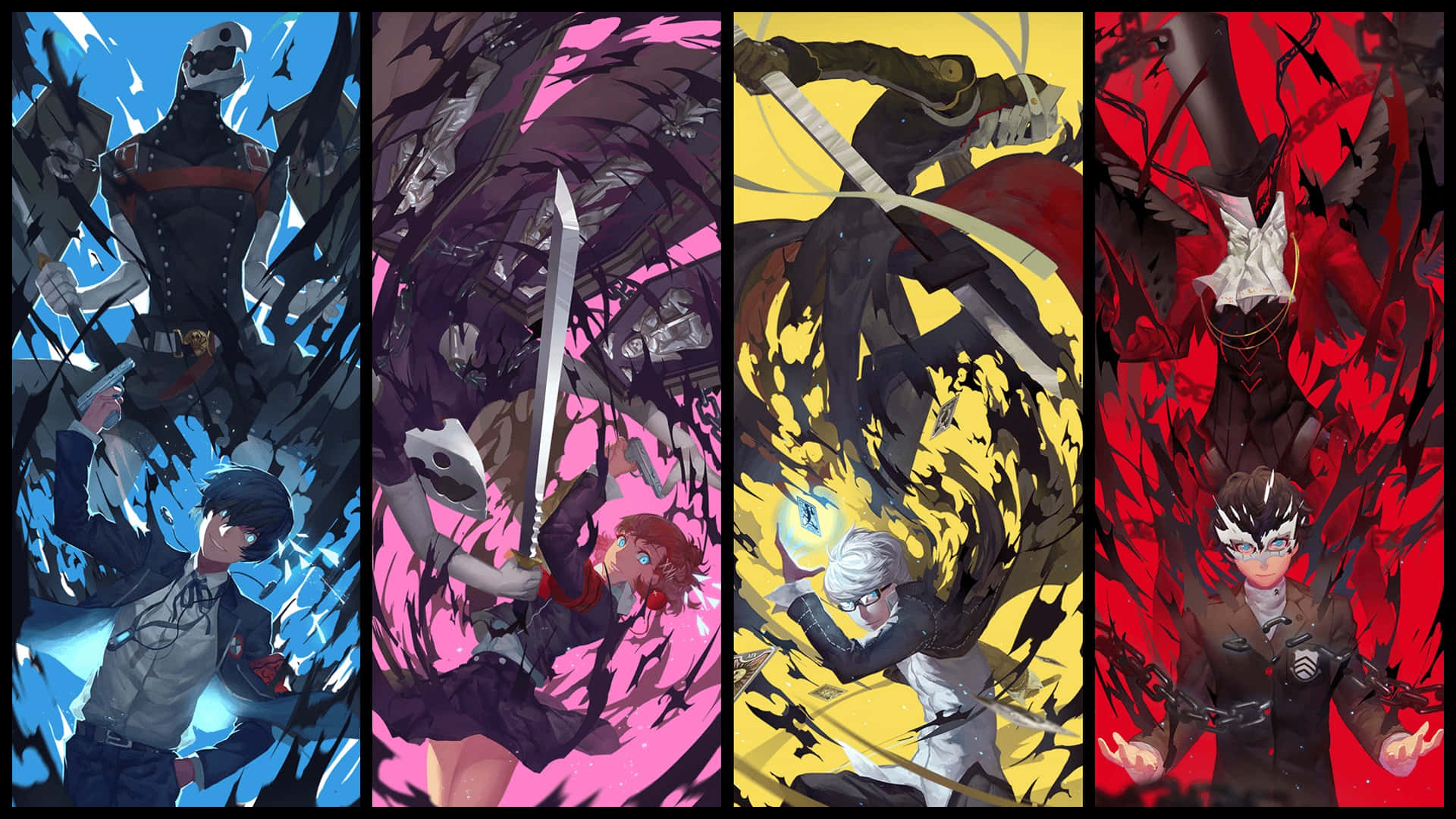 Persona 5 Strikers 桌布 壁紙 — 四個動漫角色在藍色、粉紅色、黃色和紅色的鮮豔風格化面板中與巨大的有翼敵人戰鬥。