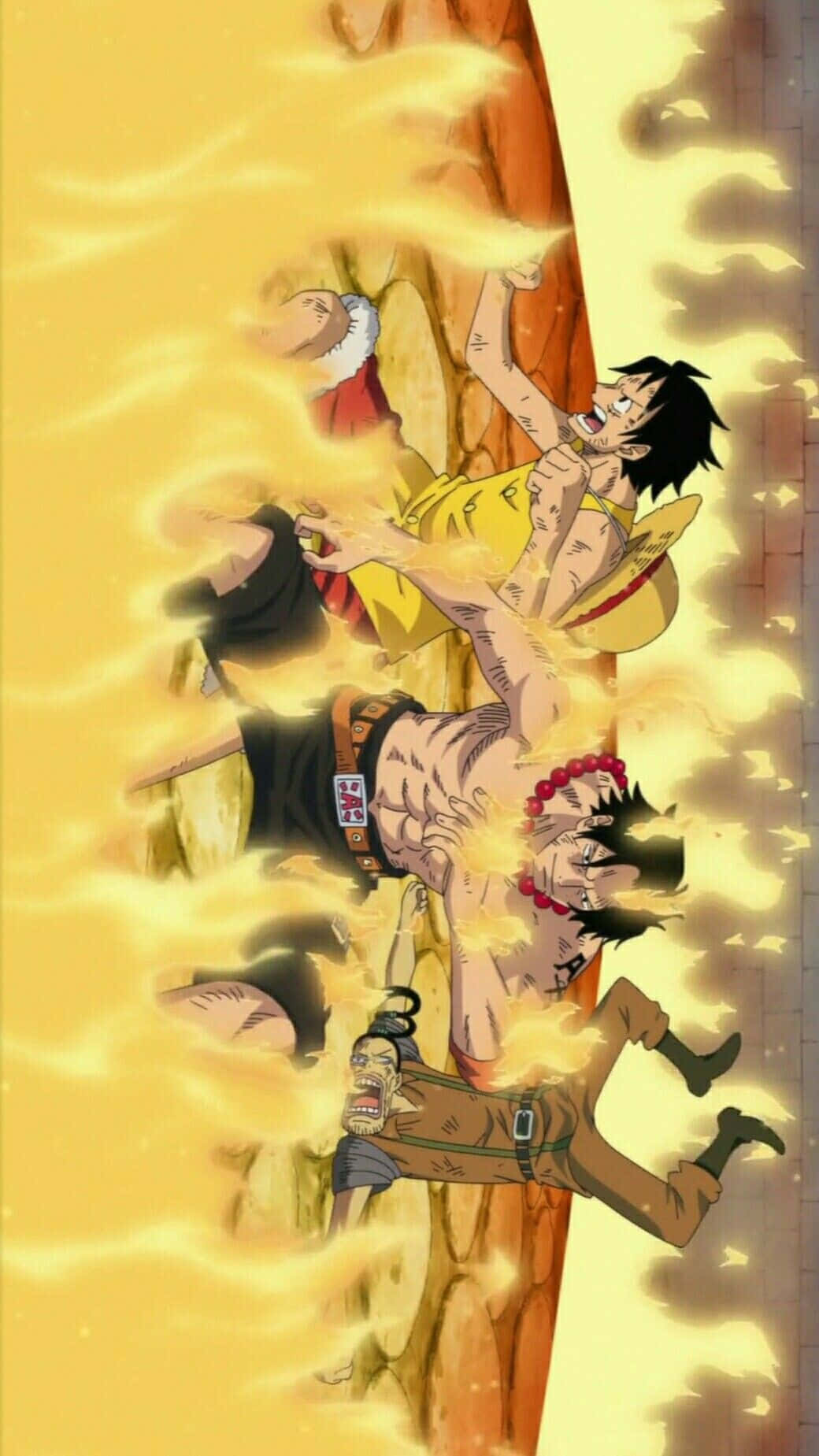 One Piece Ace's Death 桌布 壁紙 — 四個動漫角色在金色背景上，伴隨動態運動線條，於猛烈爆炸中碰撞。