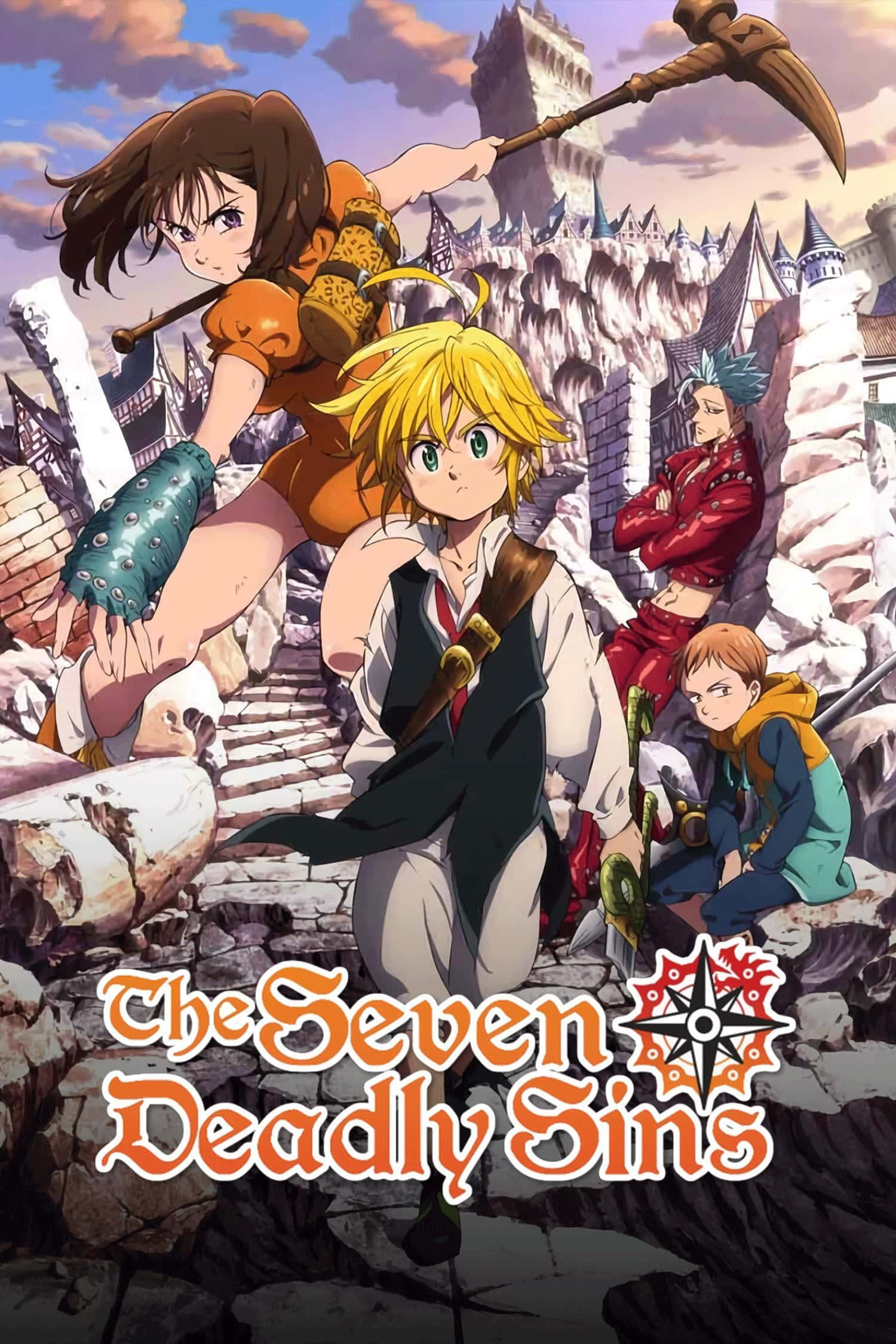 The Seven Deadly Sins 桌布 壁紙 — 四個動漫角色在陰天下，站在碎石上，挑釁地望著一座搖搖欲墜的城堡。