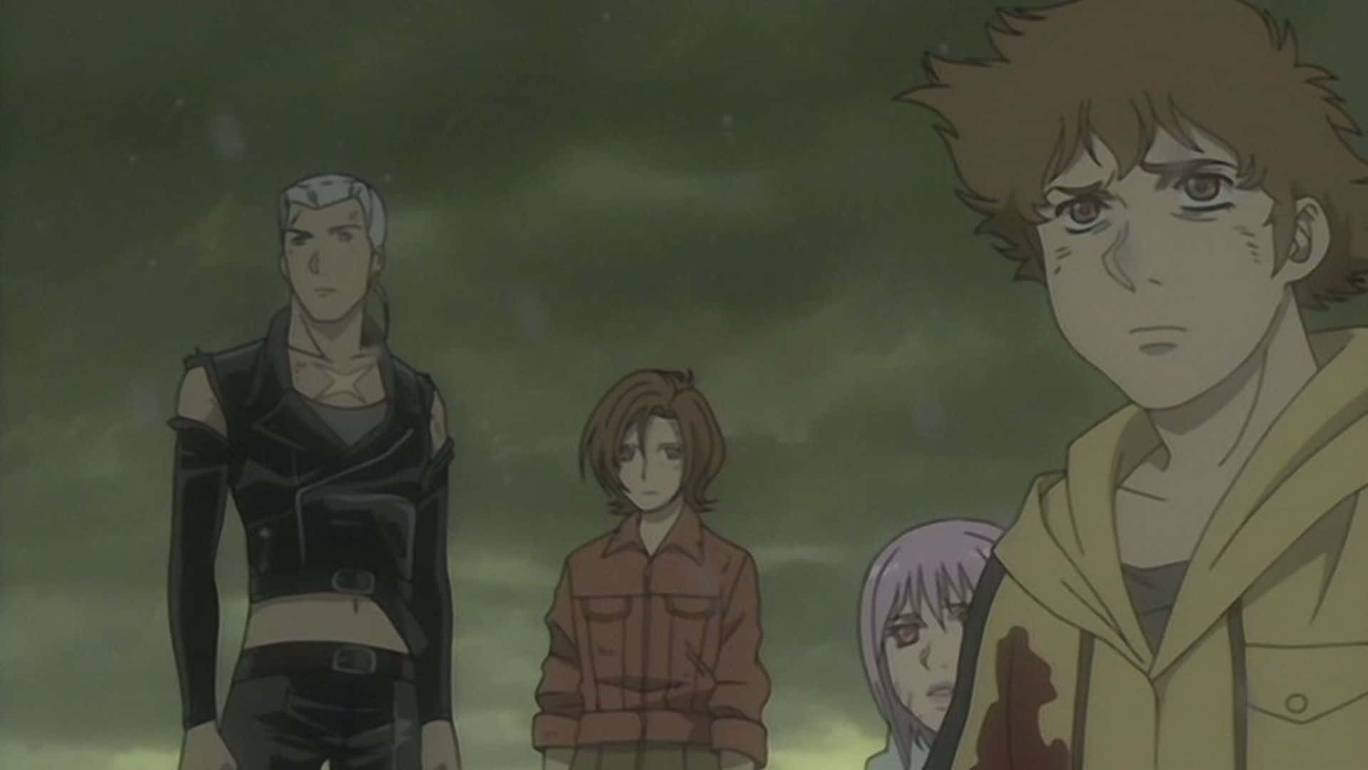 Wolf's Rain Hige 桌布 壁紙 — 四個動漫角色在陰沉的綠色天空下莊嚴地站立，雨水在他們周圍落下。
