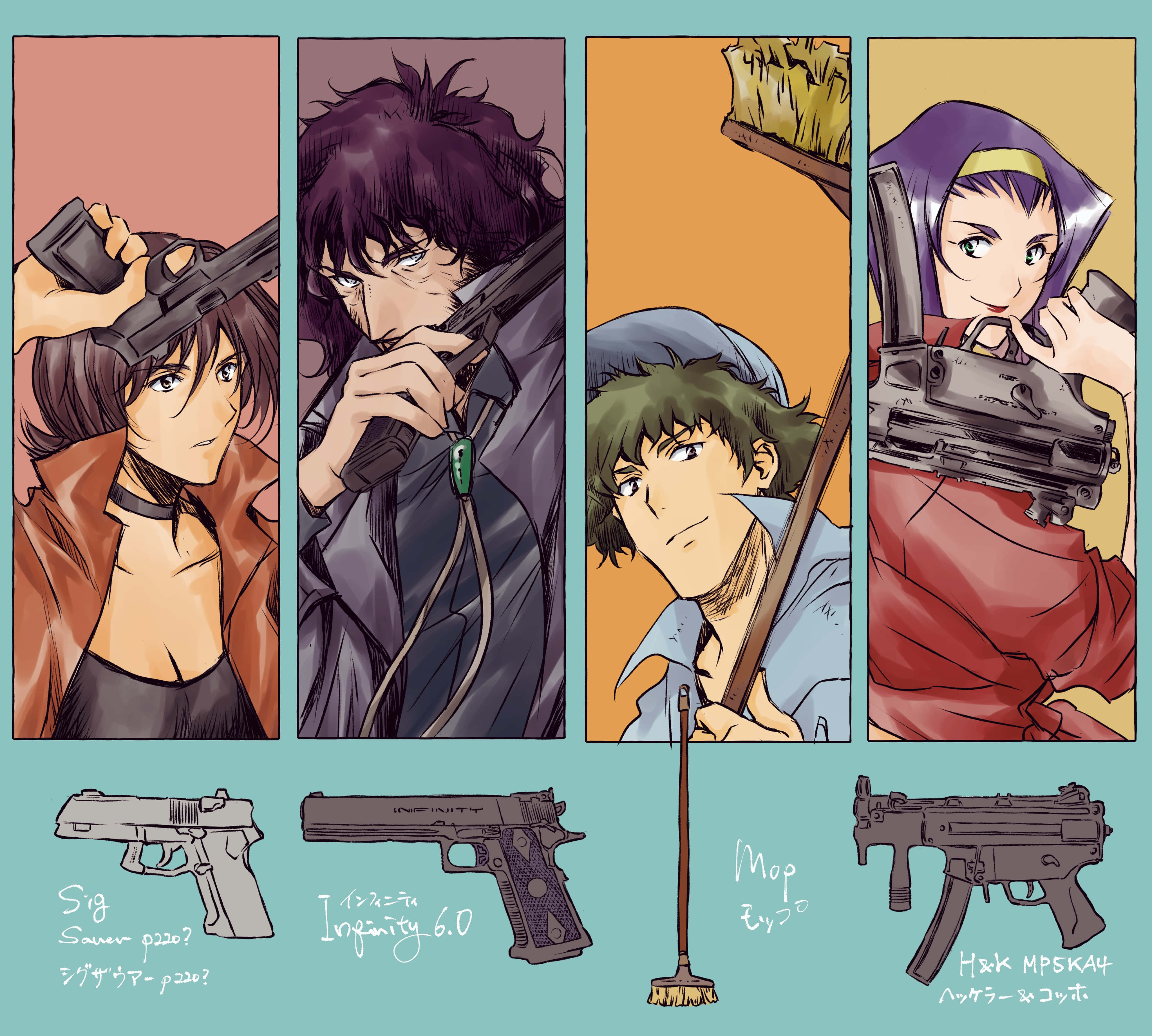 Cowboy Bebop Electra 桌布 壁紙 — 四個動漫角色在風格化的漫畫面板佈局中各自持有不同的槍械。