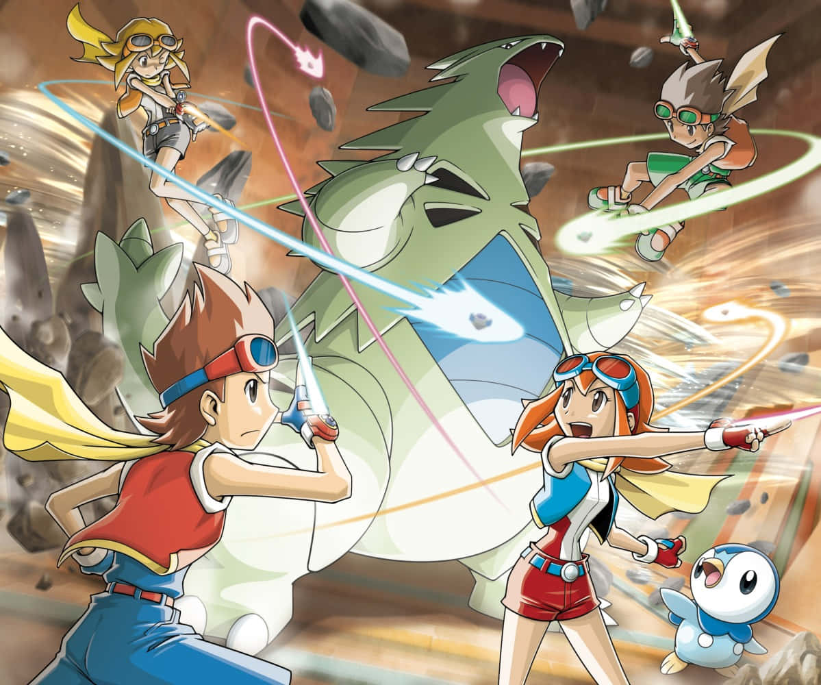 Pokemon Ranger 桌布 壁紙 — 四個動漫角色在飛石和發光能量束中與一隻巨大的綠色恐龍狀生物戰鬥。