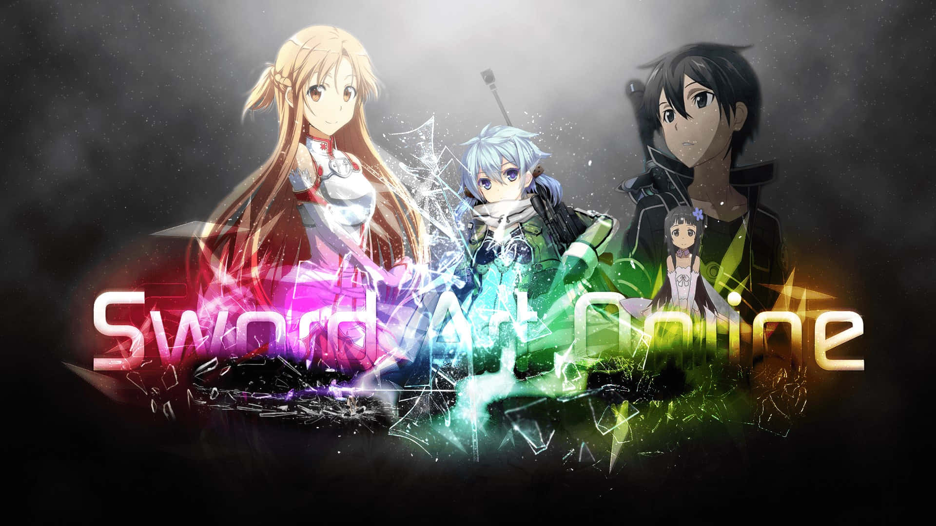 Yuuki Asuna 桌布 壁紙 — 四個動漫角色在黑暗煙霧背景中散發著鮮豔的能量，並帶有標題 Sword Art Online。
