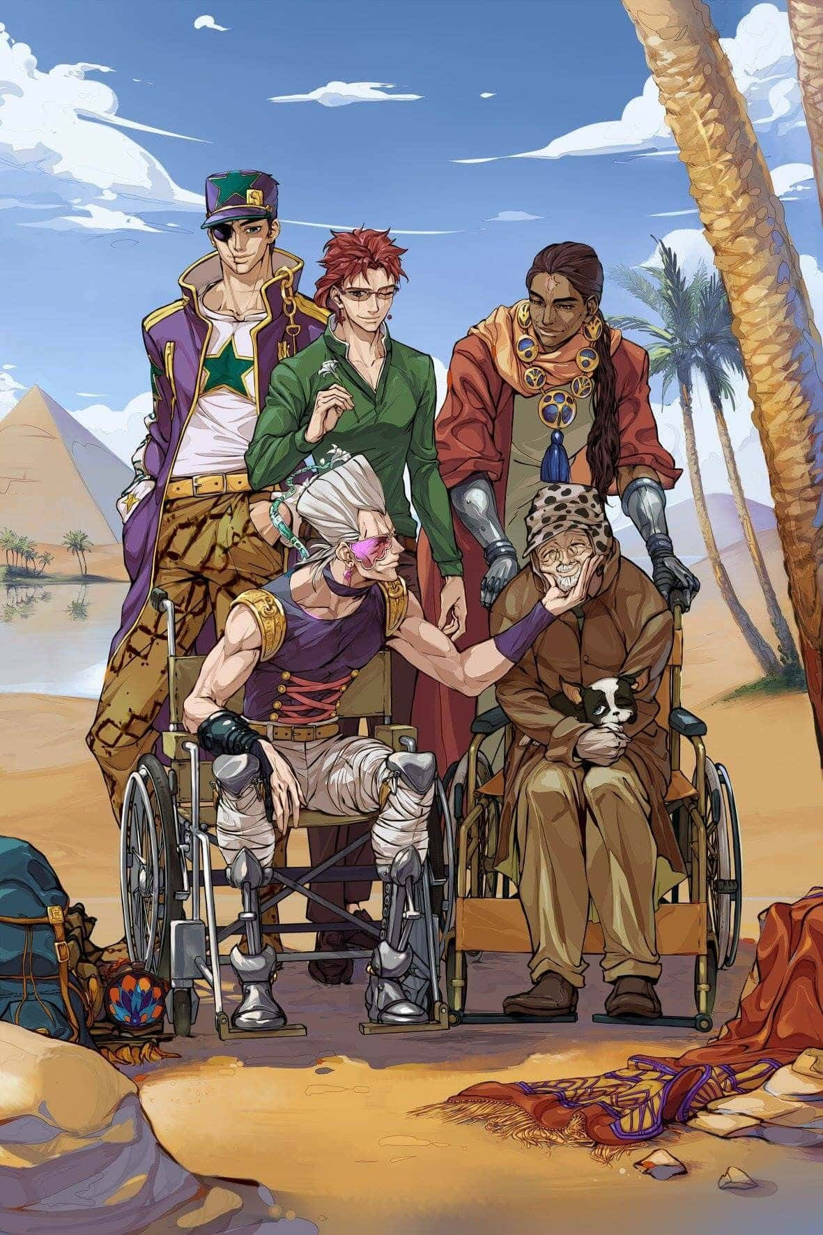 Stardust Crusaders 桌布 壁紙 — 四個動漫角色坐在輪椅上，在陽光明媚的沙漠中一起擺姿勢，身後有金字塔和棕櫚樹。