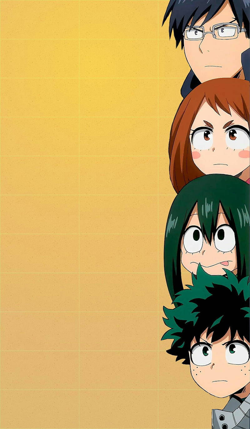 Aesthetic My Hero Academia Midoriya Yellow Background 壁紙 — 四個動漫角色從右邊窺視，背景為黃色網格，表情嚴肅。