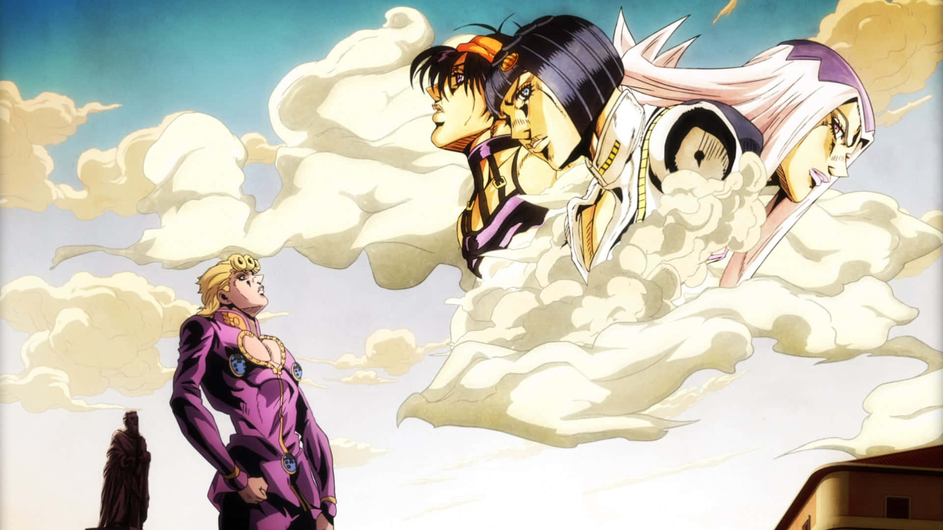 Vento Aureo 桌布 壁紙 — 四個動漫角色戲劇性地漂浮在雲層之上，而一個孤獨的紫色身影從下方仰望。