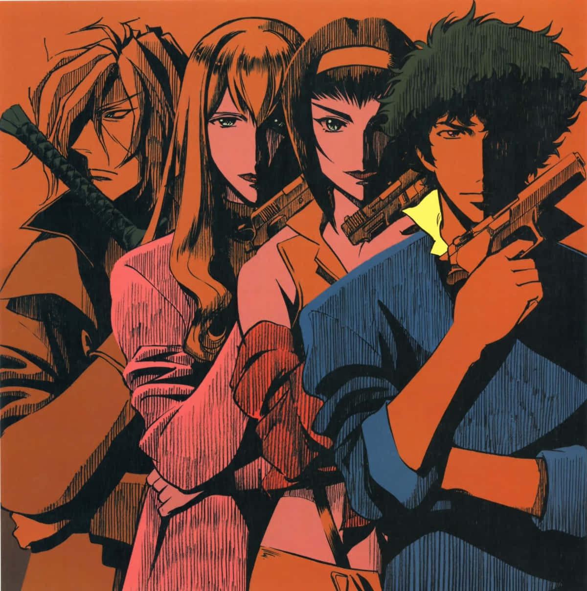 Cowboy Bebop Julia 桌布 壁紙 — 四個動漫角色手持武器，站立在一個大膽的橙色和黑色風格化插圖中。