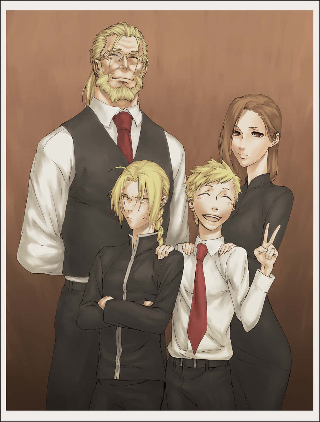 Van Hohenheim 桌布 壁紙 — 四個動漫角色穿著正式服裝，在溫暖燈光下的純棕色背景前一起擺姿勢。