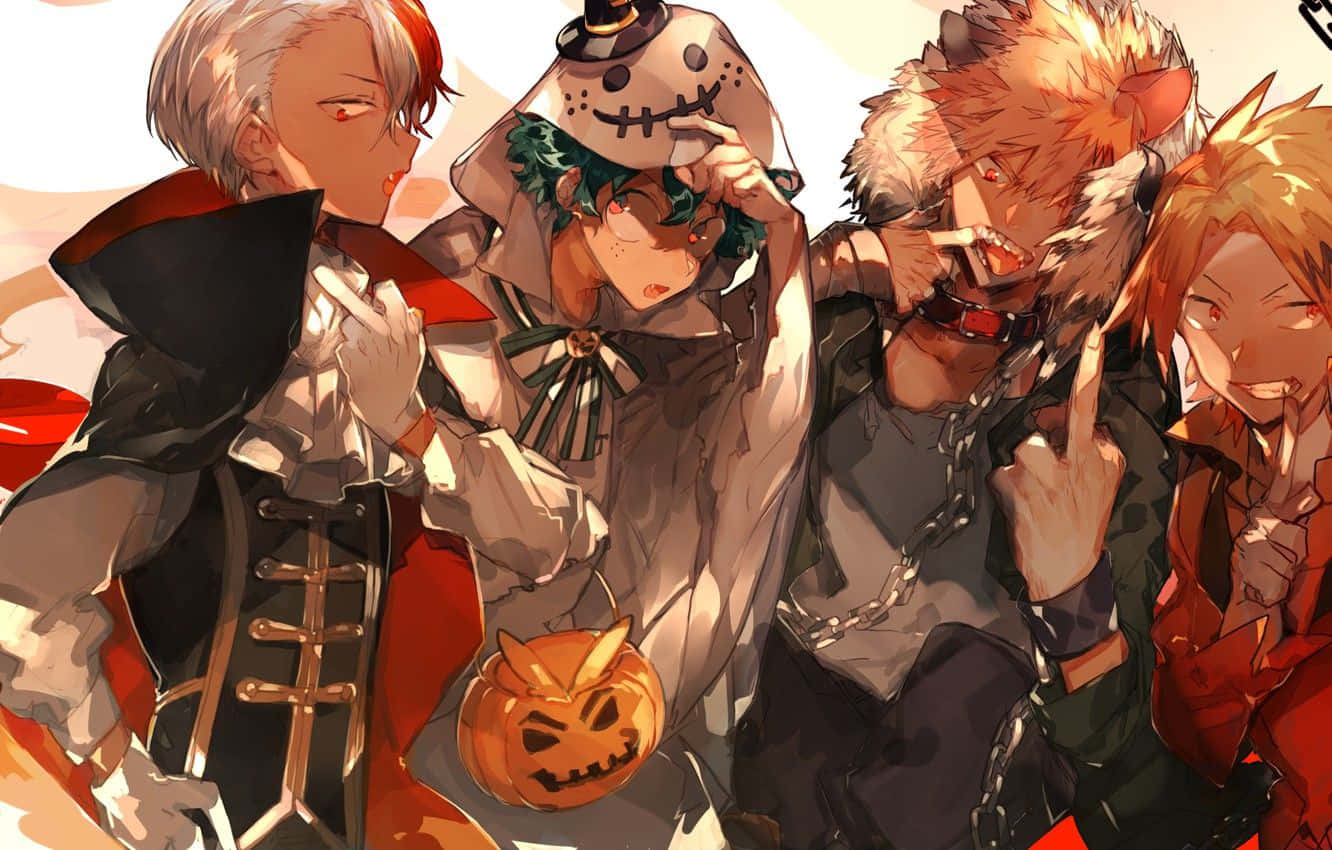 轟焦凍 桌布 壁紙 — 四個動漫角色穿著萬聖節服裝，在溫暖發光的背景前與傑克南瓜燈一起擺姿勢。