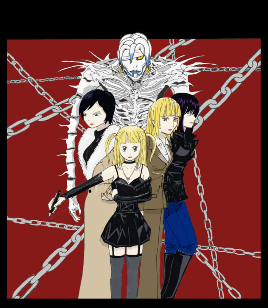 Death Note Wedy 桌布 壁紙 — 四個動漫角色站在一個被鎖鏈束縛的骷髏形象前，背景是血紅色。