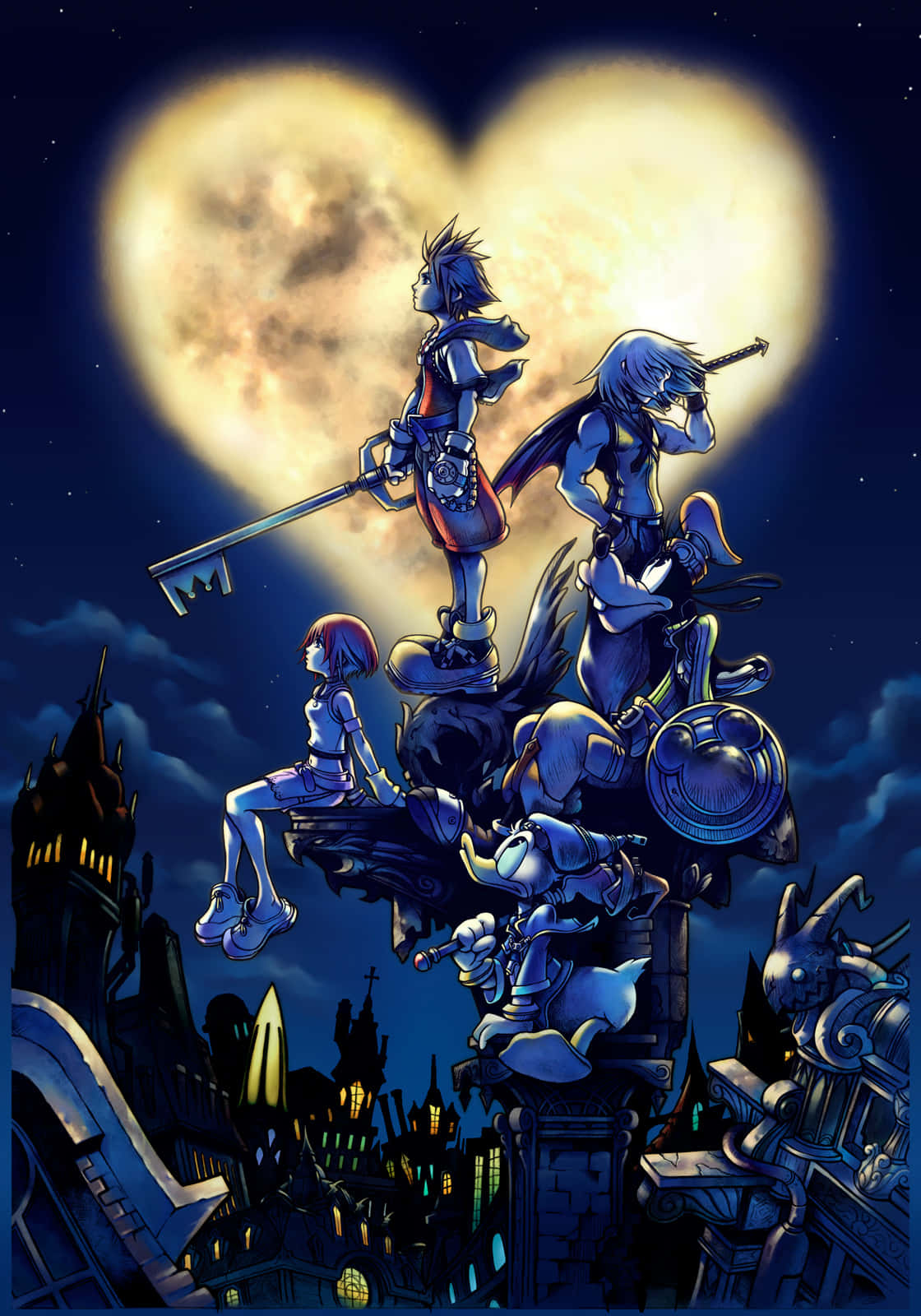 Kingdom Hearts Kairi 桌布 壁紙 — 四個動漫角色站在城堡廢墟上，下方是一輪巨大的心形月亮，呈現黑暗奇幻夜景。