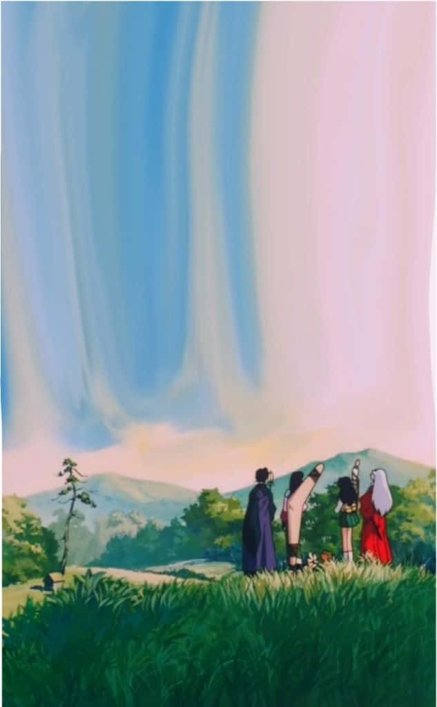 Inuyasha And Miroku 桌布 壁紙 — 四個動漫角色站在草地上，仰望在柔和的粉紅色和藍色天空下巨大的層疊瀑布。