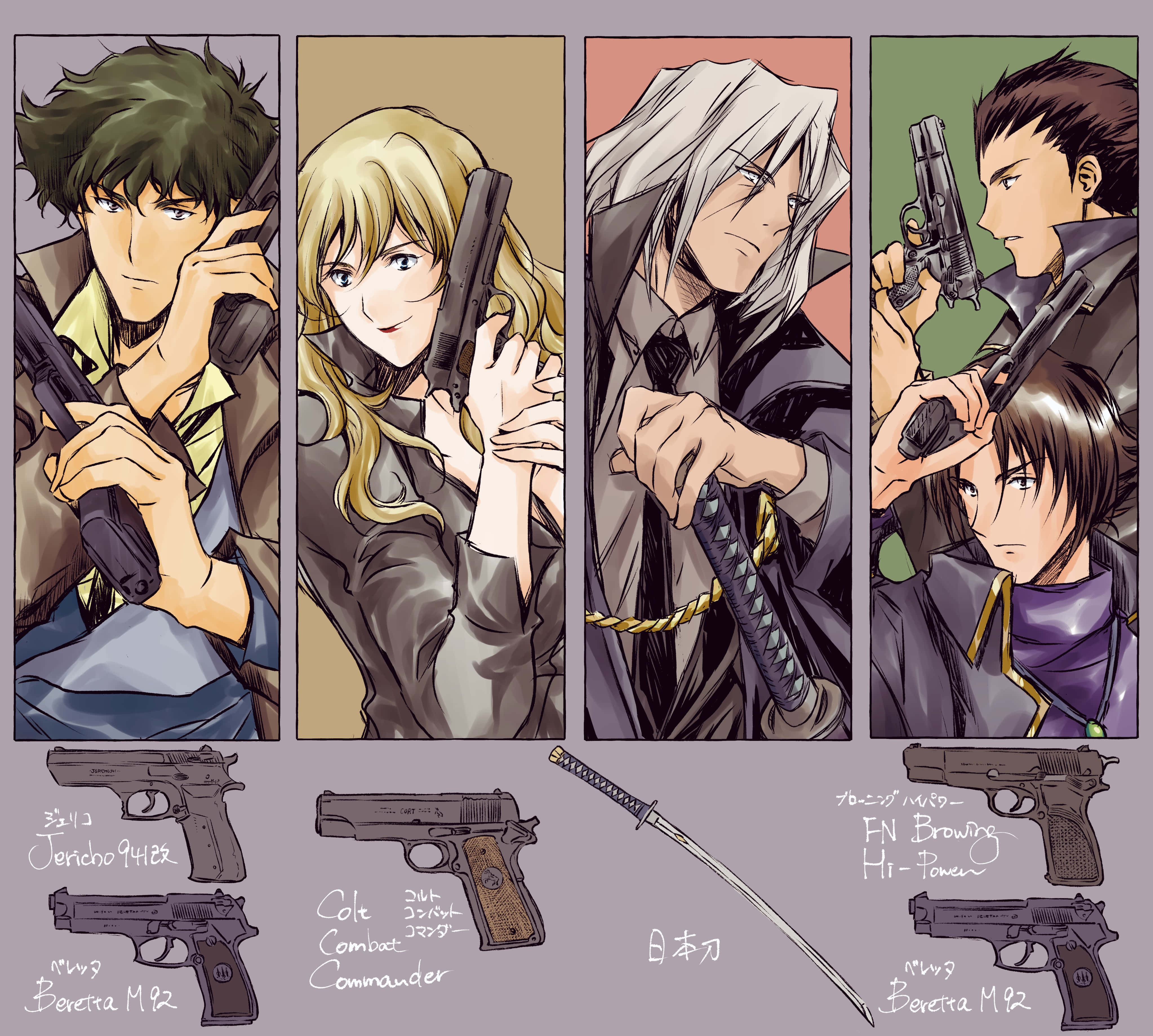 Cowboy Bebop Shin 桌布 壁紙 — 四個動漫角色身穿戰術裝備，手持槍械，背景柔和，下方有詳細的武器示意圖。