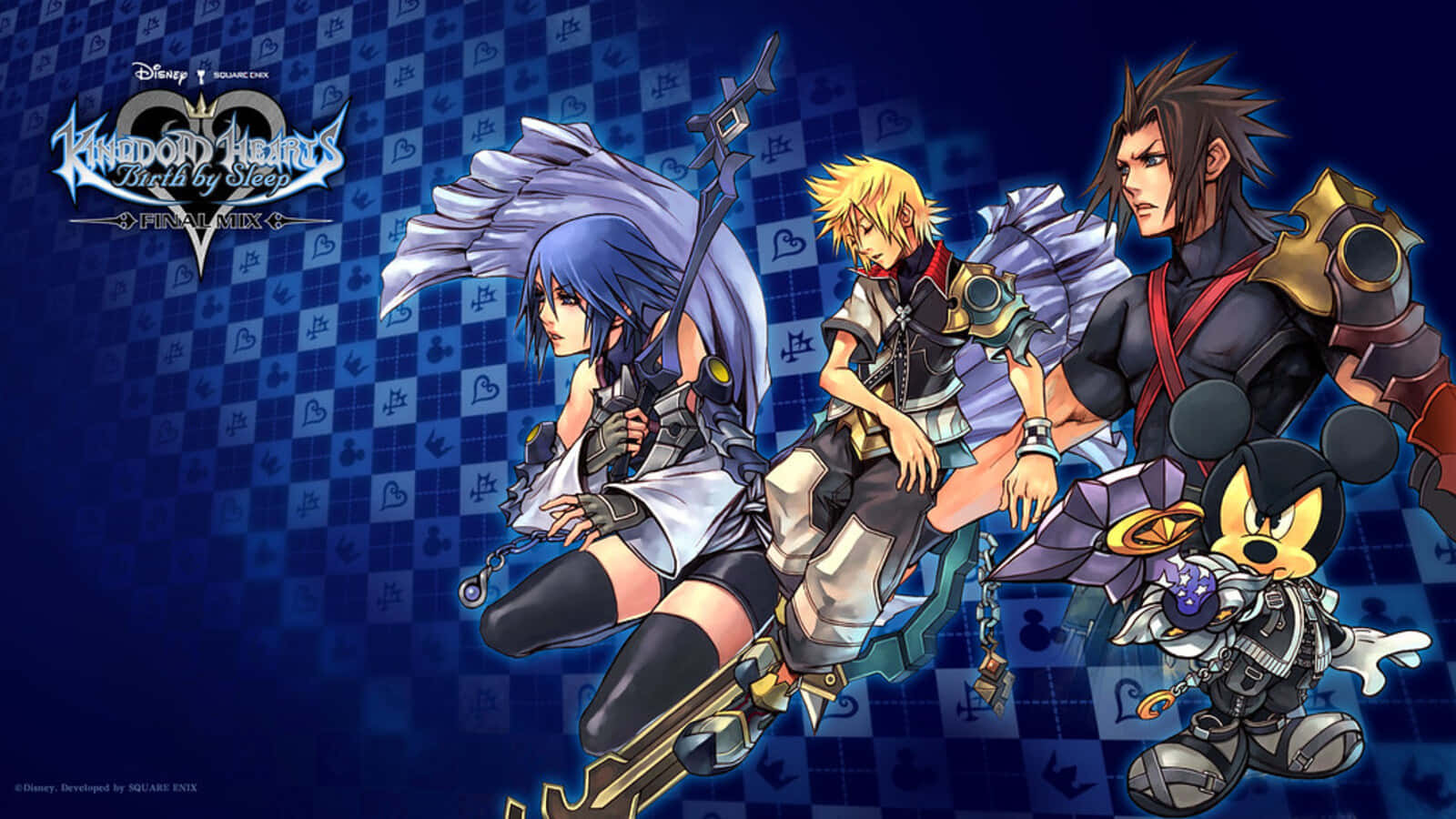 Kingdom Hearts Terra 桌布 壁紙 — 四個動漫角色身穿戰鬥裝備，在藍色格仔背景和遊戲標誌前動態擺姿勢。