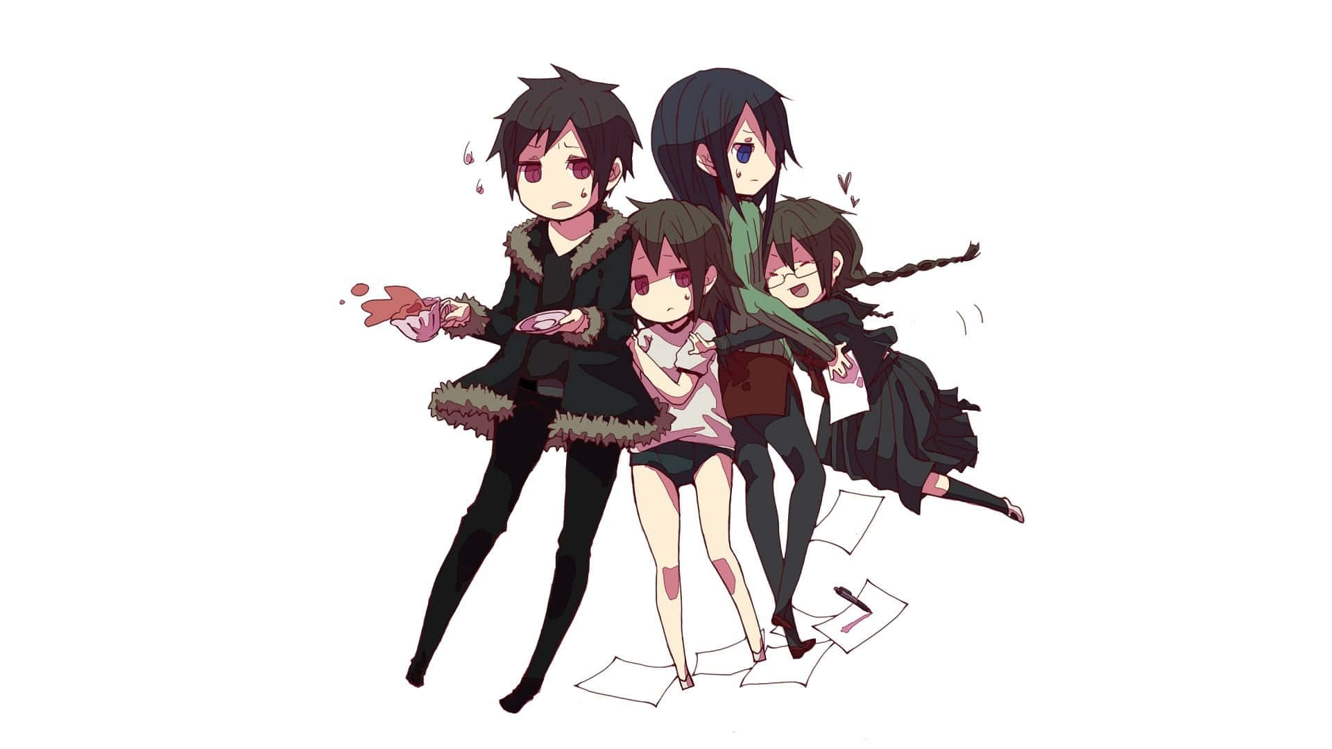 Namie Yagiri 桌布 壁紙 — 四個動漫角色身穿深色服裝，在純白背景前動感擺姿勢，周圍散落紙張，表情豐富。