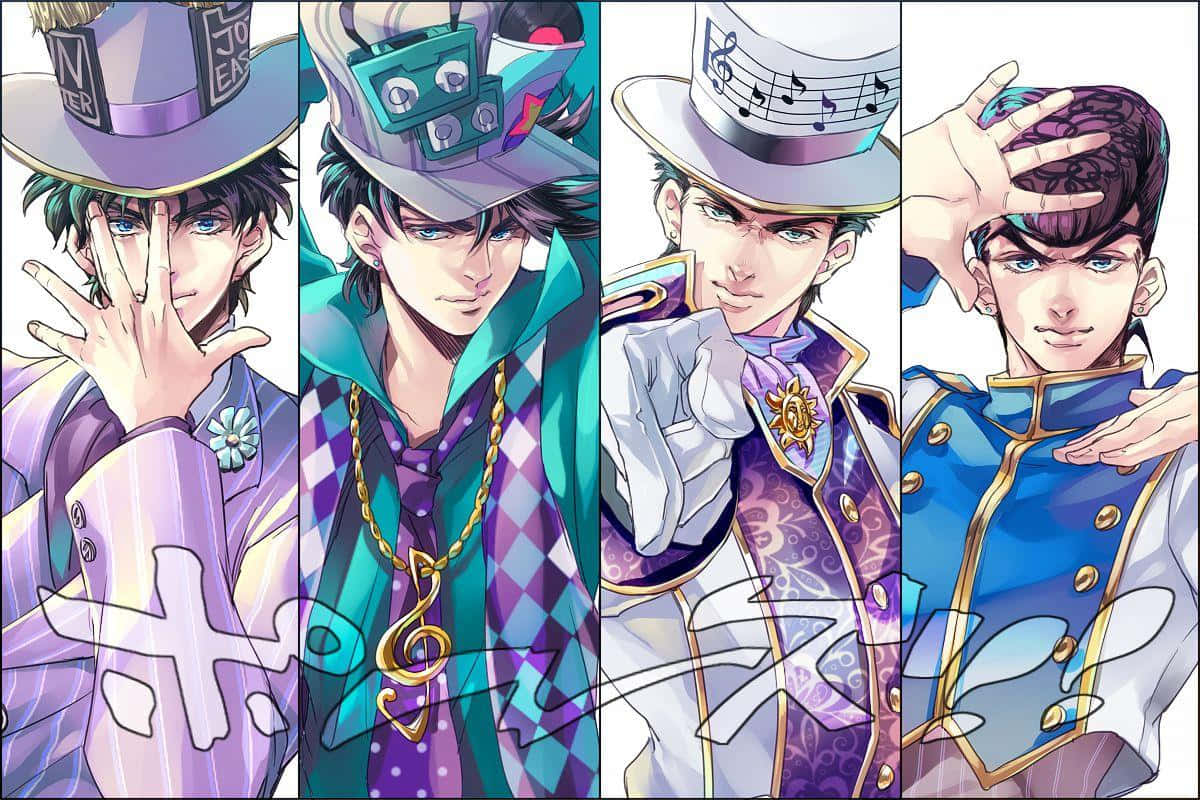 Jonathan Joestar 桌布 壁紙 — 四個動漫角色身穿精緻服飾，自信地擺出姿勢，帶有音樂主題和鮮豔的紫色、藍綠色和藍色配色。
