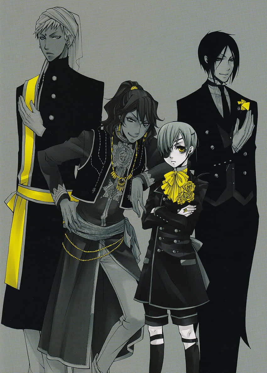 Soma Asman Kadar 桌布 壁紙 — 四個動漫角色身穿黑色制服，搭配大膽的黃色點綴，在純灰色背景前擺姿勢。