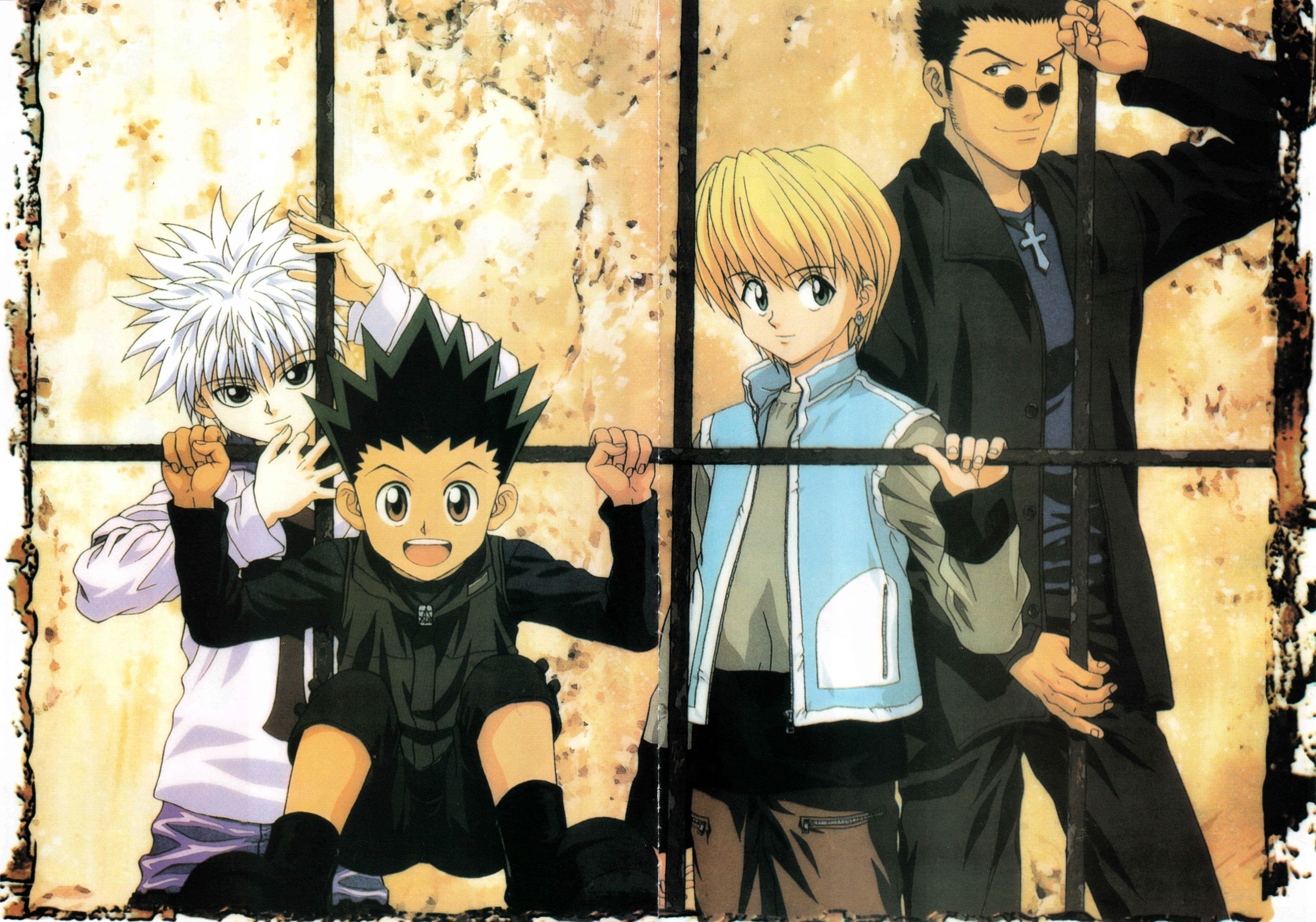 Leorio Paradinight 桌布 壁紙 — 四個動漫角色靠喺生鏽嘅窗框，挨住有紋理嘅黃色牆。