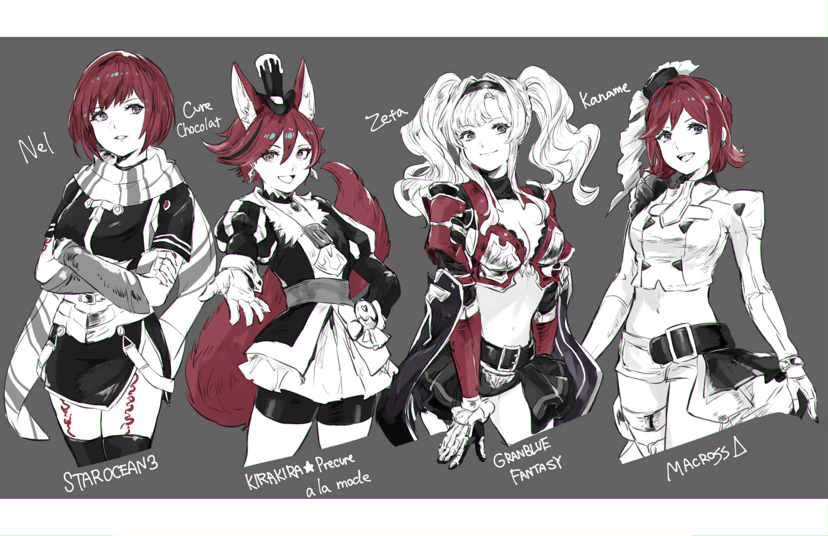 Macross Delta 桌布 壁紙 — 四個動漫風格女性角色穿著精緻服裝，在純灰色背景前自信地擺姿勢。