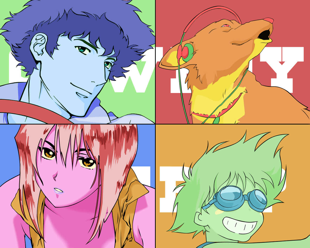 Cowboy Bebop Ein 桌布 壁紙 — 四個動漫風格角色，擁有鮮豔的髮色和富有表現力的面孔，呈現在大膽的彩色面板中。