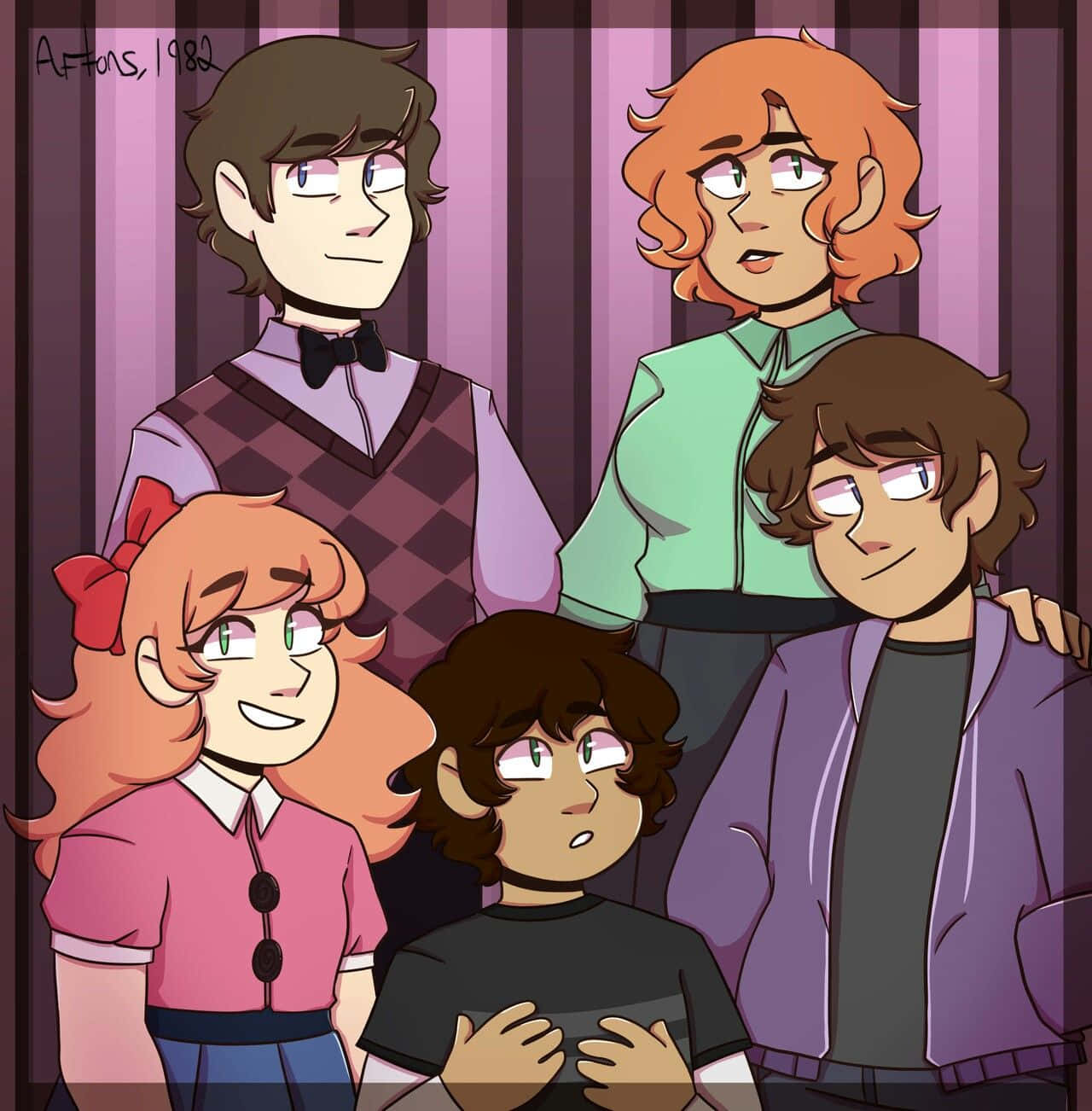 Afton Family 桌布 壁紙 — 四個動漫風格角色表情各異，一起站在紫色條紋背景前。