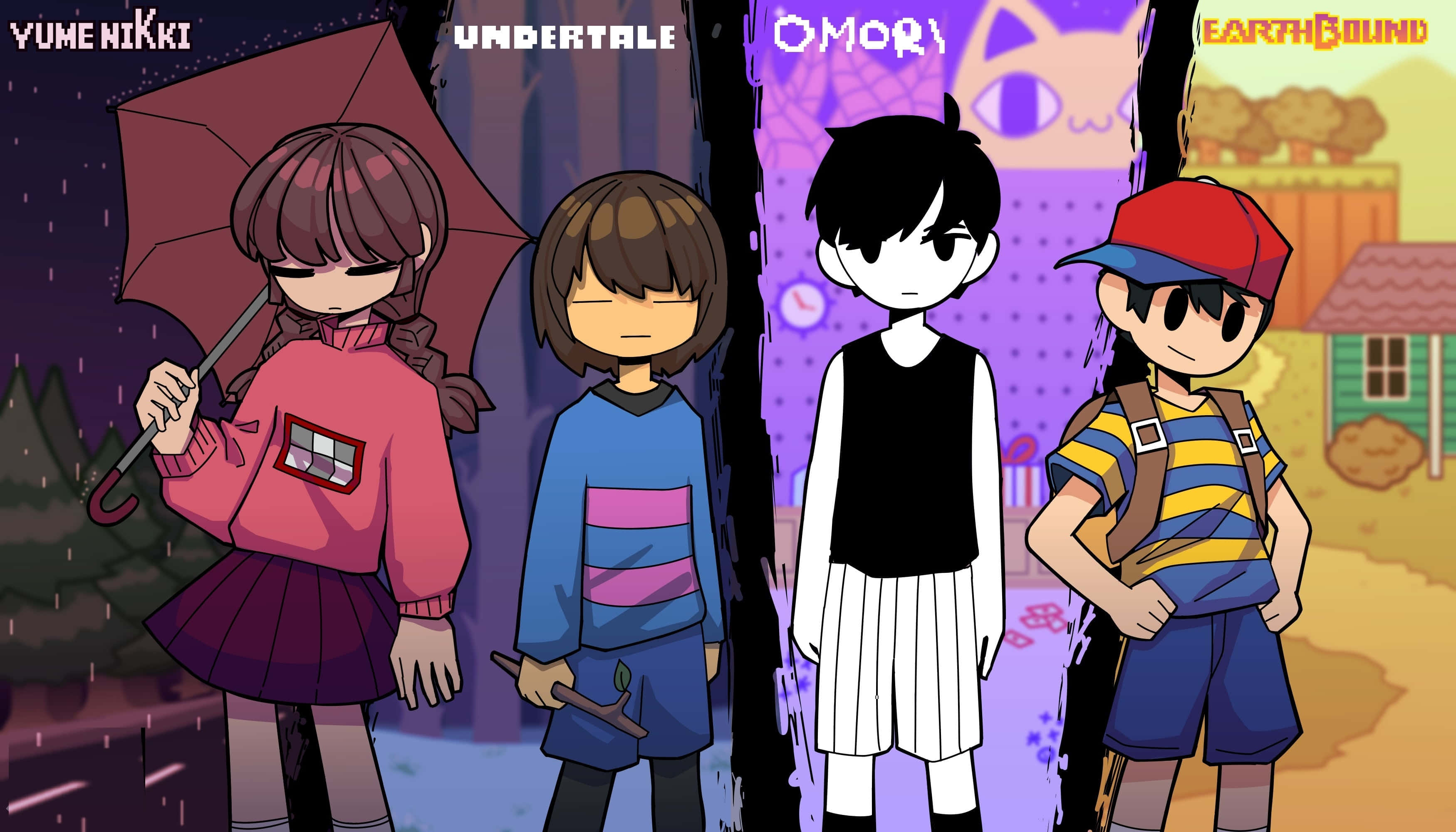 地球冒險 桌布 壁紙 — 四個動漫風格遊戲角色並排站立，背景來自 Yume Nikki、Undertale、Omori 和 EarthBound 的雨天和彩色場景。