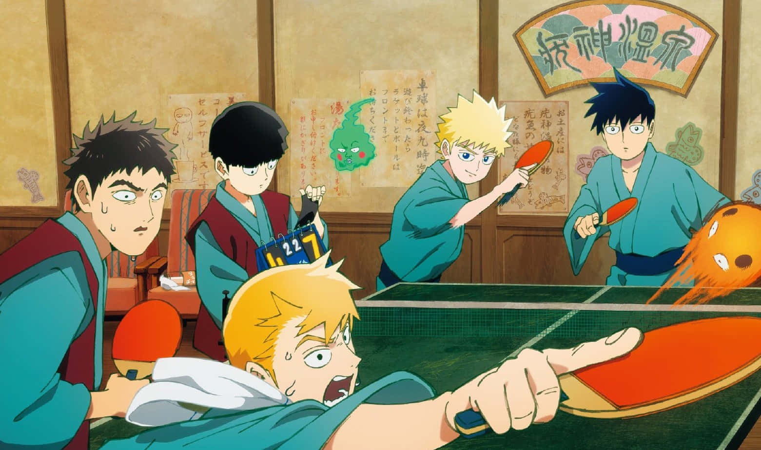 Mob Psycho 桌布 壁紙 — 四個動畫男孩在傳統日式房間裡激烈打乒乓球，房間有木牆和掛軸。